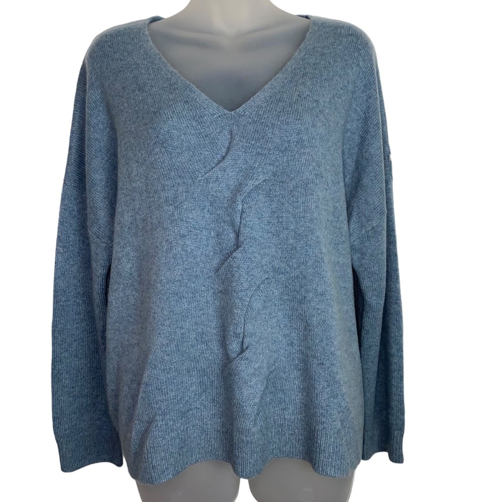 Garnet Hill 100% cashmere v neck blue twist cable sweater